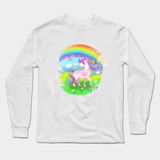 Magic fairy blue unicorn with rainbow And flowers Long Sleeve T-Shirt